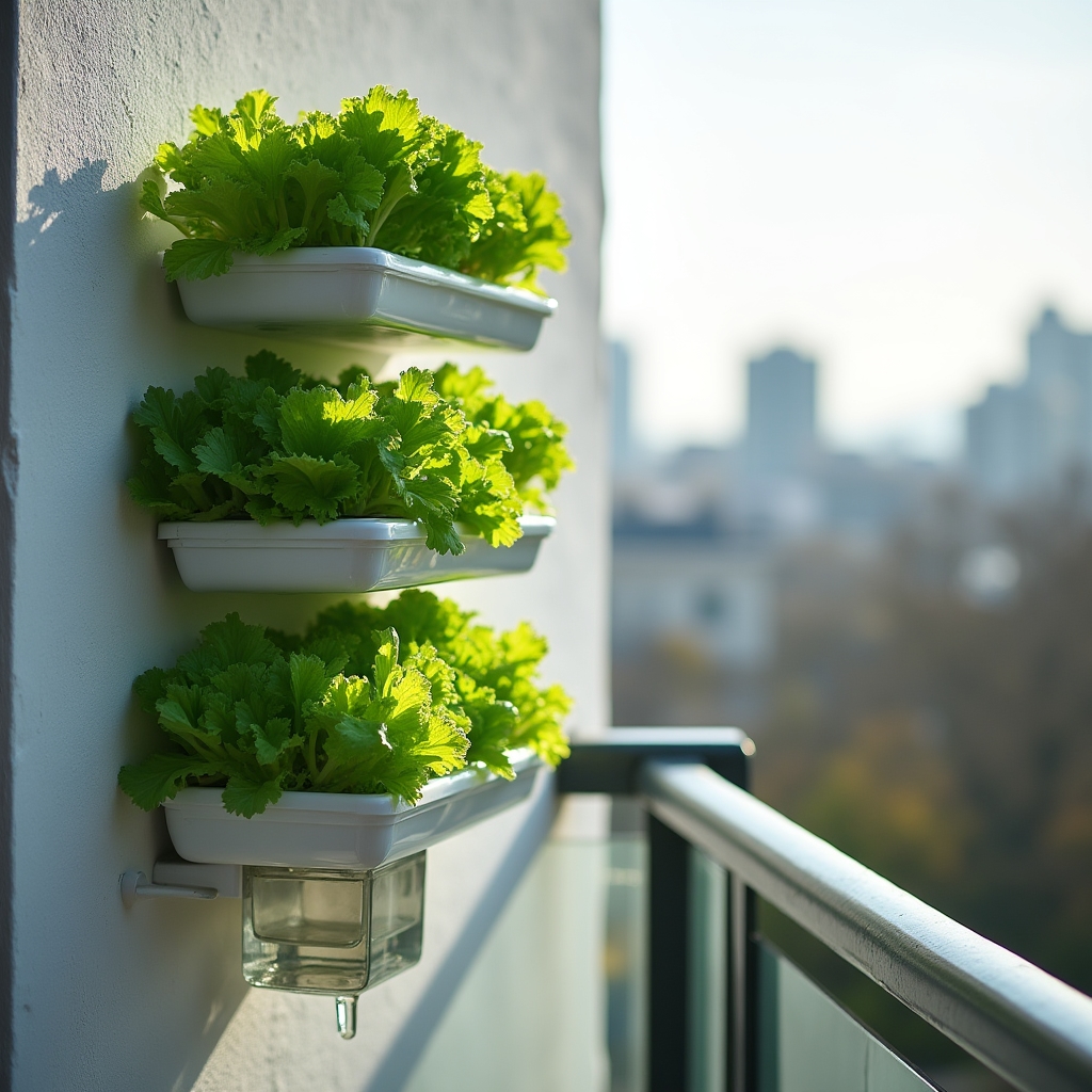 Lechugas cultivadas en un sistema vertical de balcón