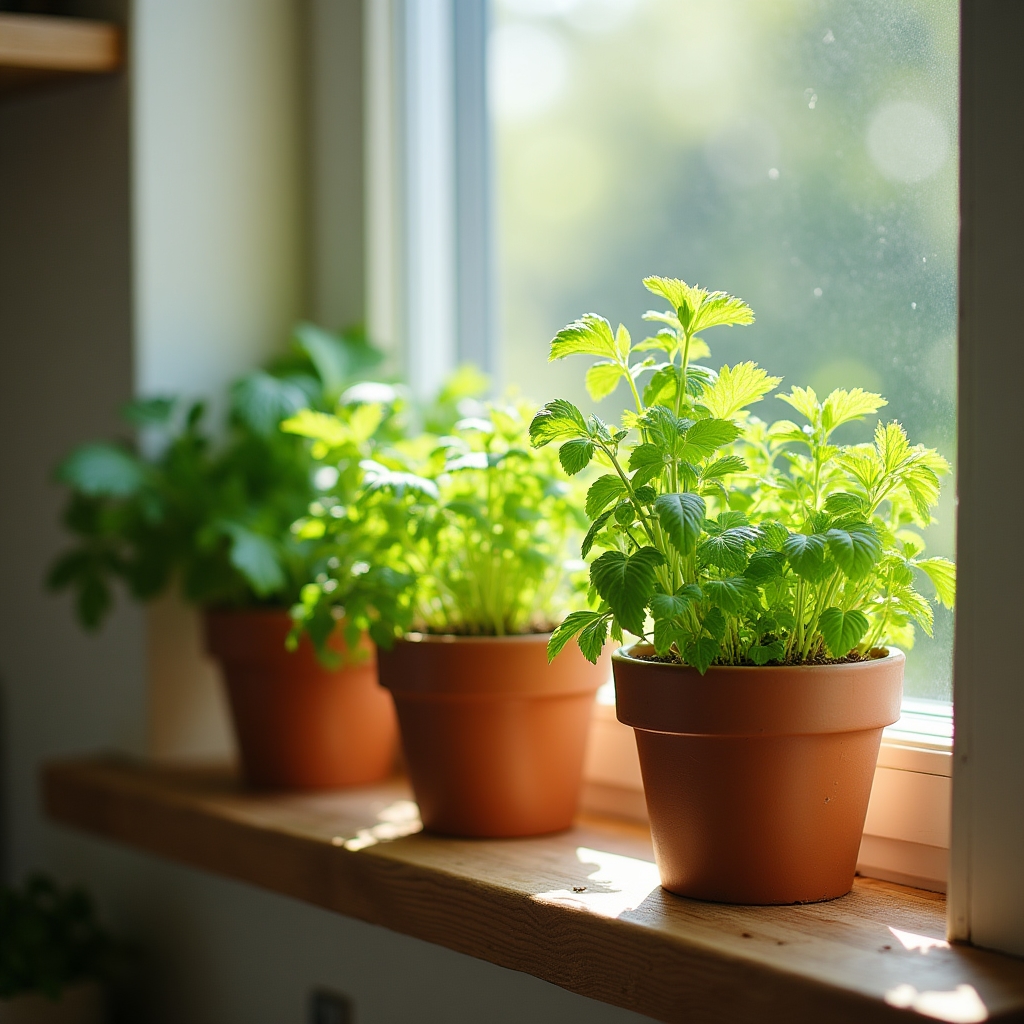 Macetero con hierbas aromáticas junto a una ventana de cocina