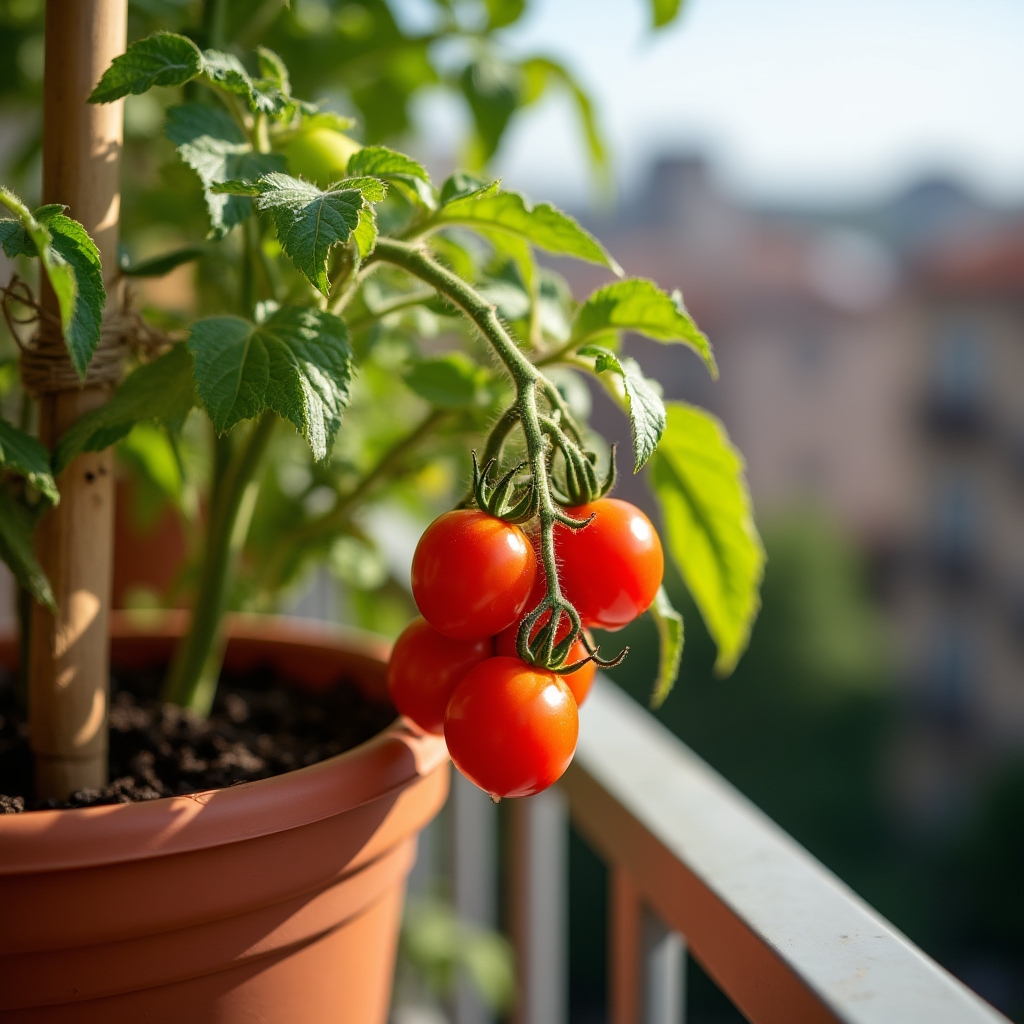 Planta de tomates cherry creciendo en una maceta de balcón